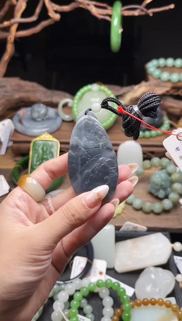 吊坠(不含链)未镶嵌和田玉墨玉青花 山水牌9014342