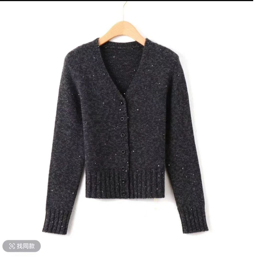 迈3】针织开衫上衣v领纯色亮片显瘦休闲款外套女