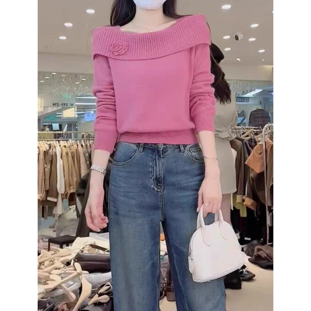 法式设计感立体花朵一字肩针织衫毛衣女秋冬季时尚显白气质打底衫