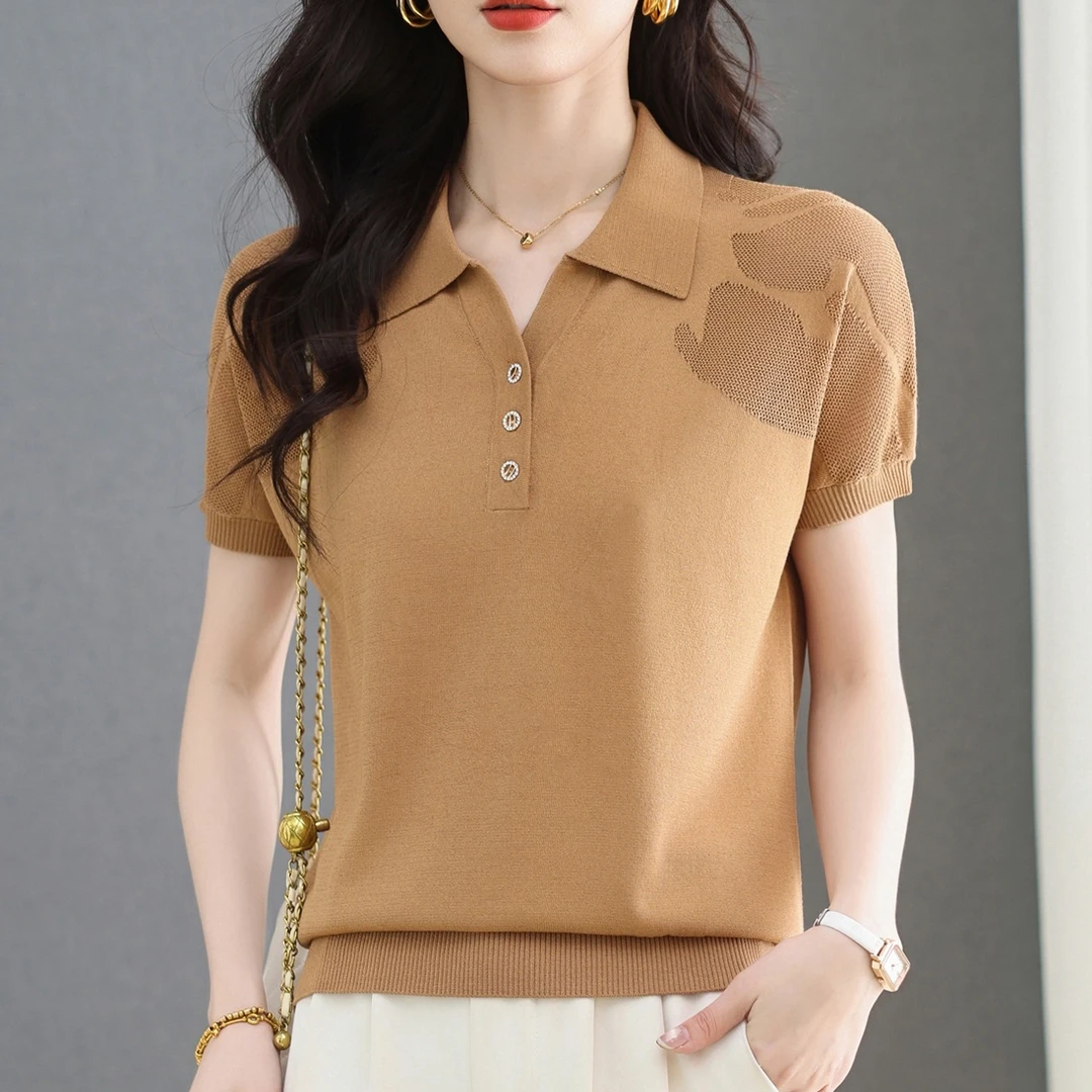 【天丝】夏装薄款短袖T恤女宽松大码Polo衫翻领时尚大气针织衫上衣