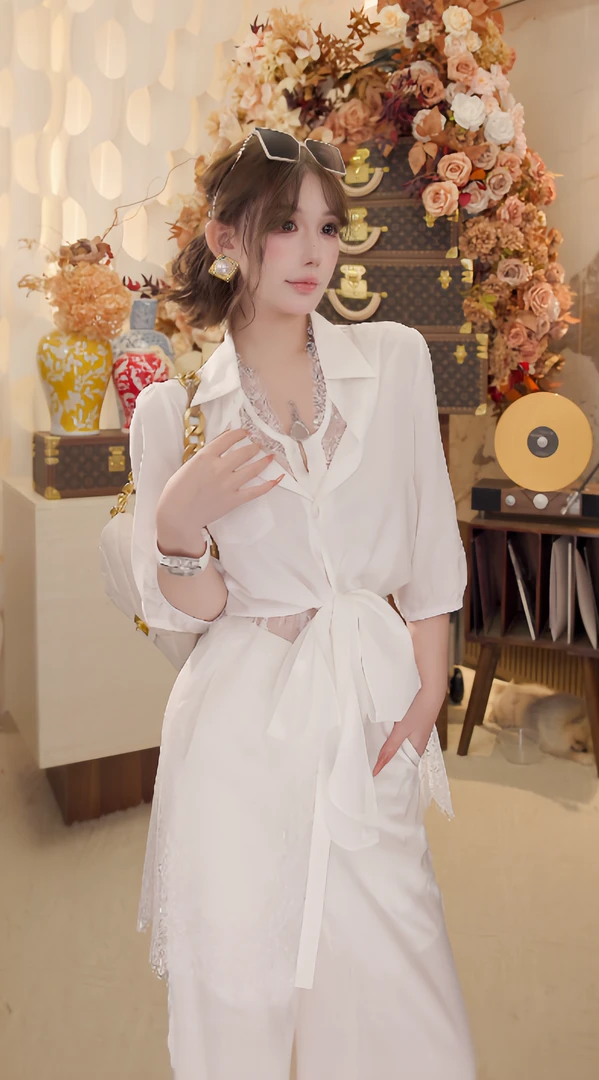 【香菜专属】白色衬衫女2025春夏感蕾丝开衫两件套叠穿漂亮上衣套装