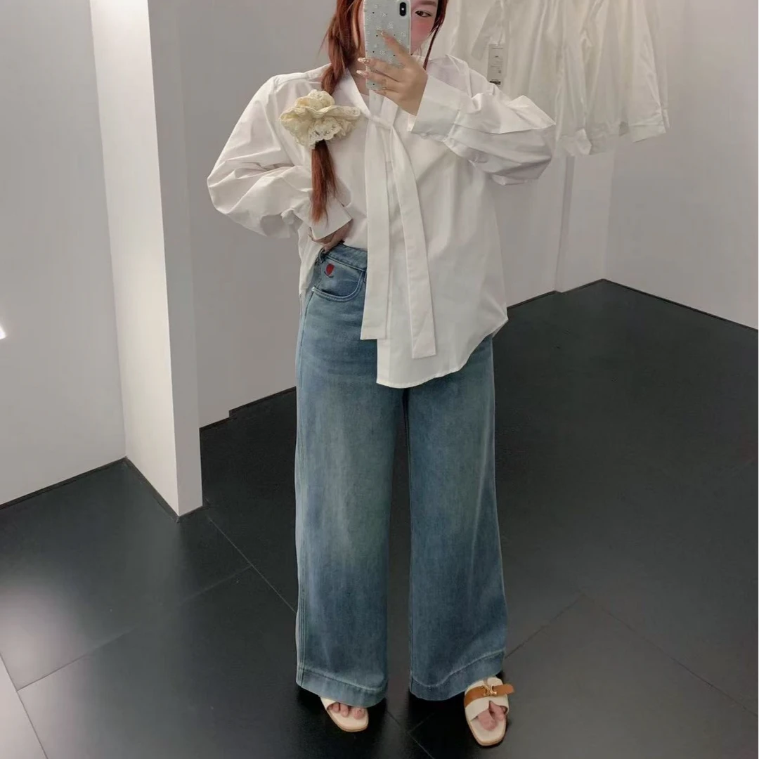 慧芝huizhi 5102小个子刺绣阔腿裤 定制款 高腰显瘦阔腿牛仔裤