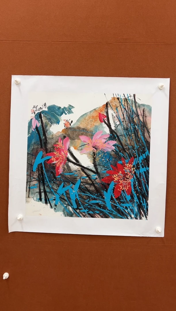 国画李文峰四尺斗方亮彩花鸟