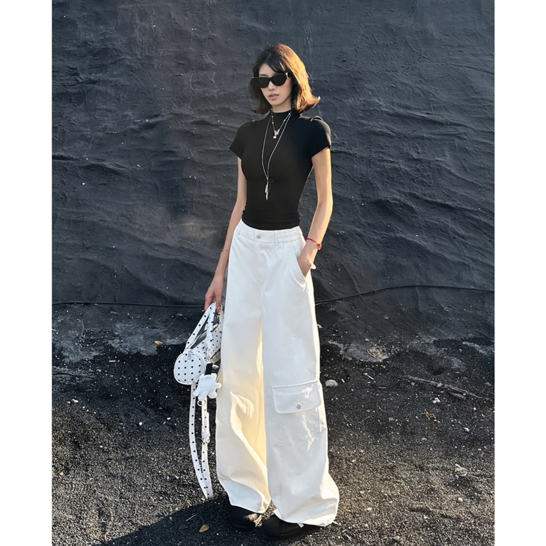 York Zoom新款美式白色工装裤口袋休闲裤宽松阔腿拖地裤显高显瘦