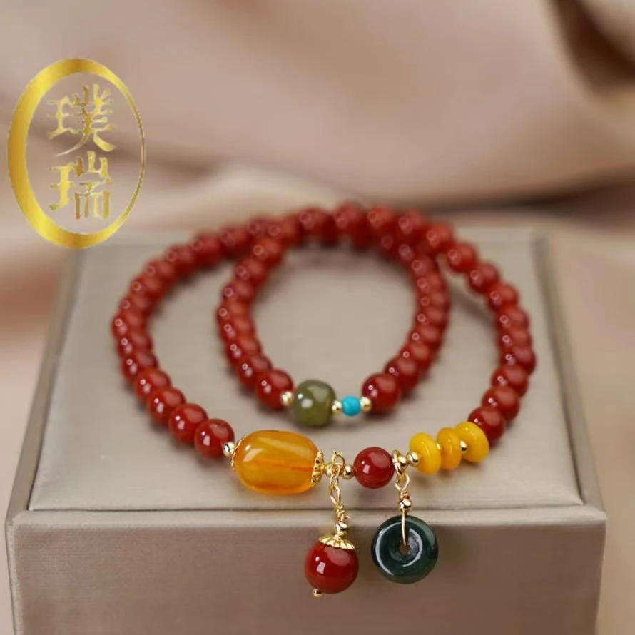 天然南红双圈配翡翠蜜蜡手链 多样性发一SL250