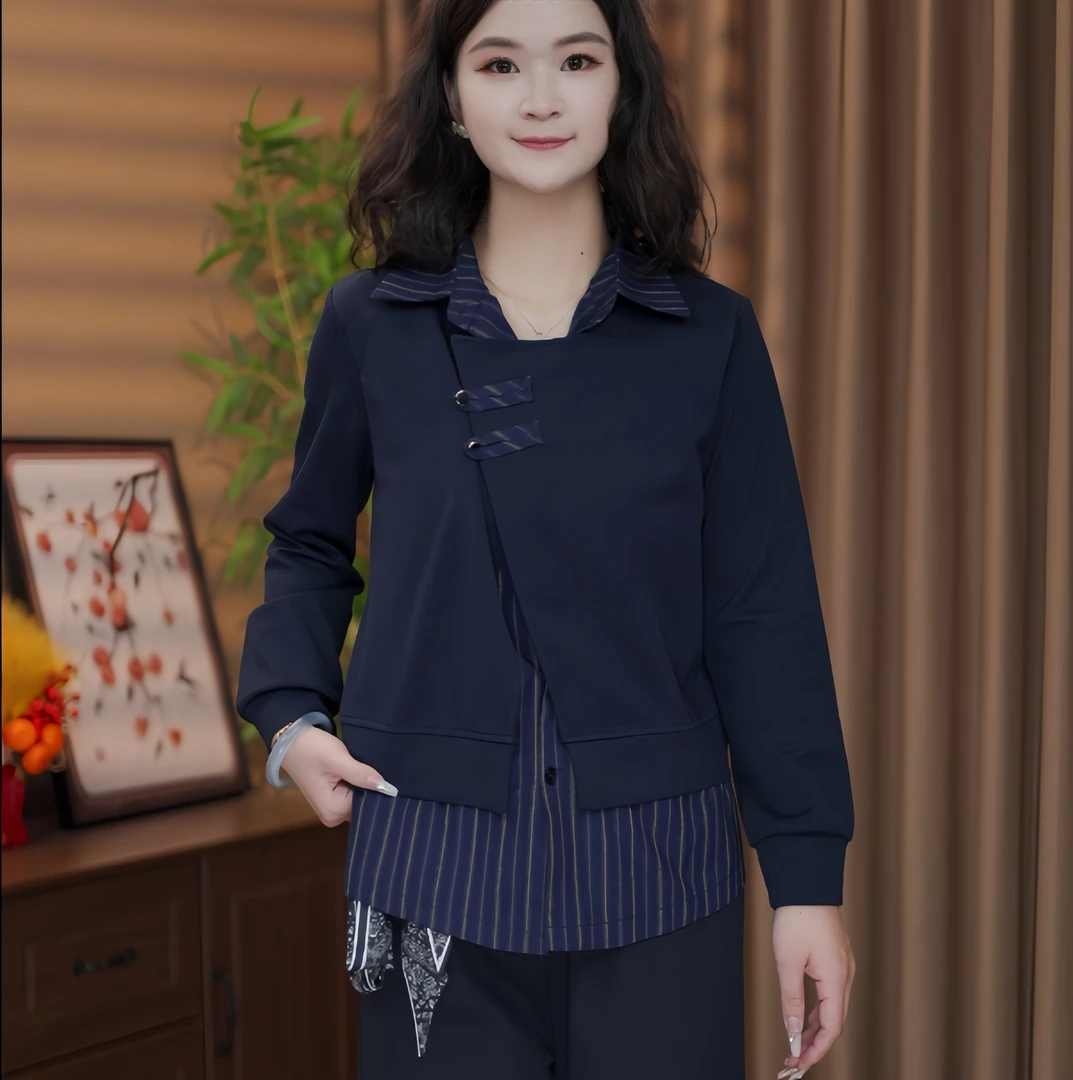 气质翻领女装时尚假两件早秋休闲风拼接显瘦洋气长袖宽松百搭上衣