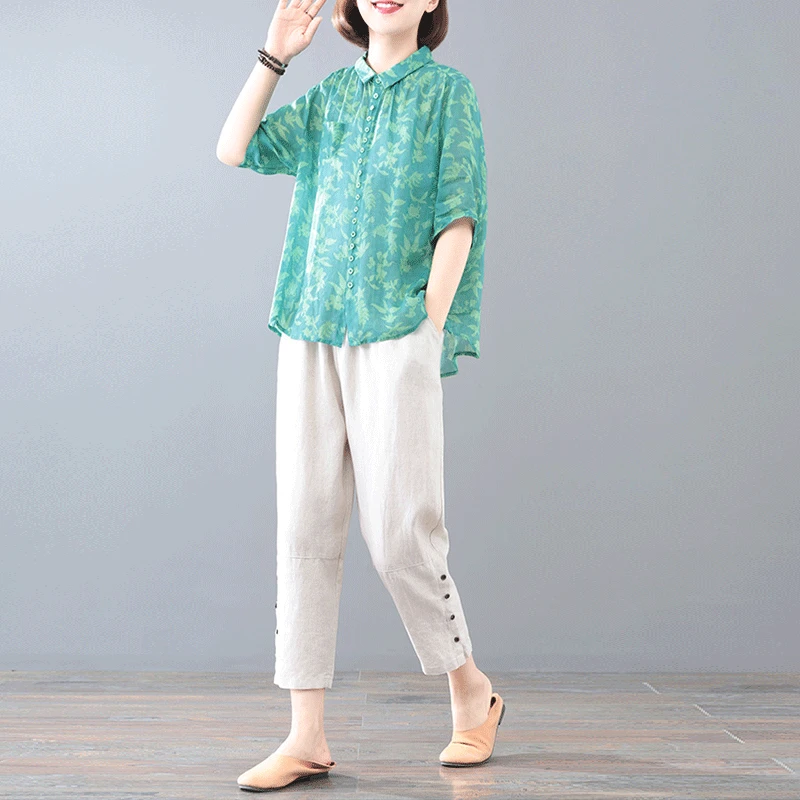 YE#【单/套装】棉麻时尚宽松上衣哈伦裤套装显瘦透气减龄夏DY2667