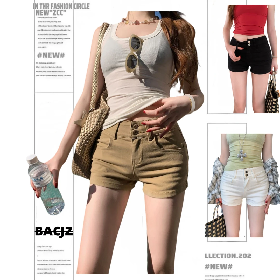 夏季热款双扣牛仔短裤女2025年新款包臀浅卡其低腰显瘦百搭热裤子