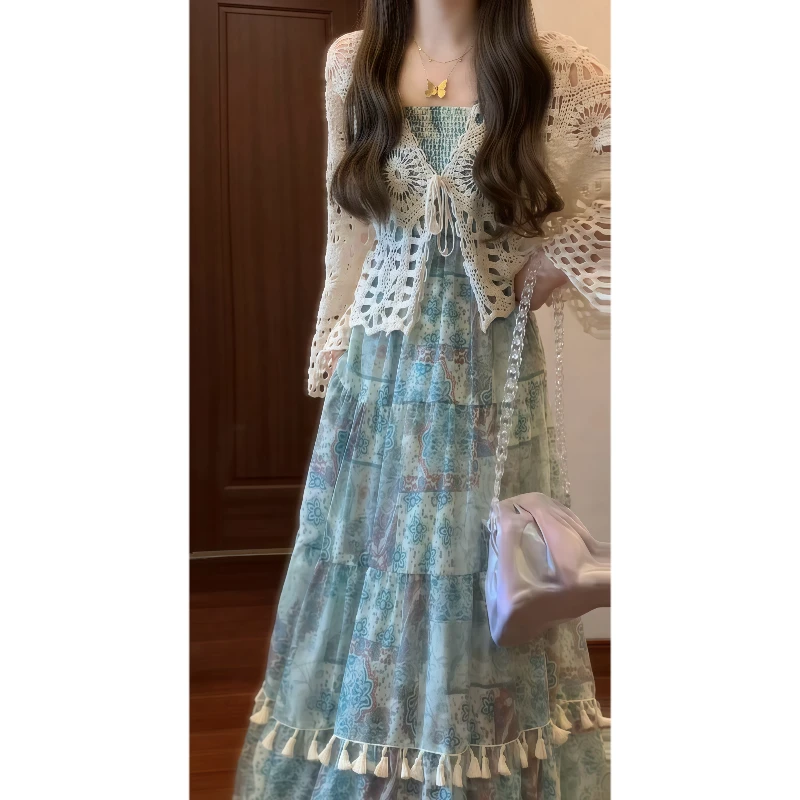 夏季新款波西米亚碎花背带连衣裙海边度假风吊带长裙搭配开衫9225