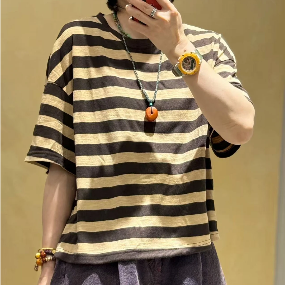 2025缺一色夏季新款撞色领针织条纹短上衣2510406休闲百搭半袖