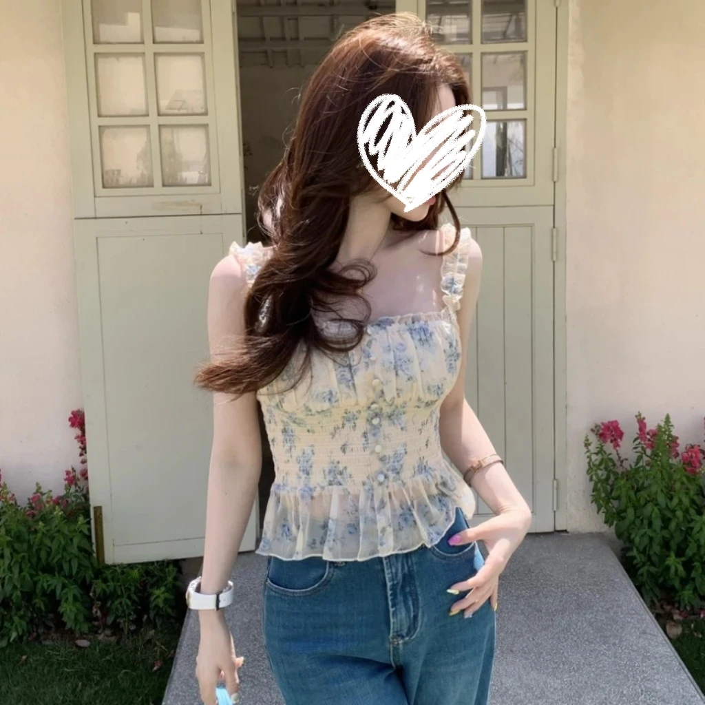 夏季小众蓝色碎花小清新显瘦百搭简约通勤吊带上衣女9826