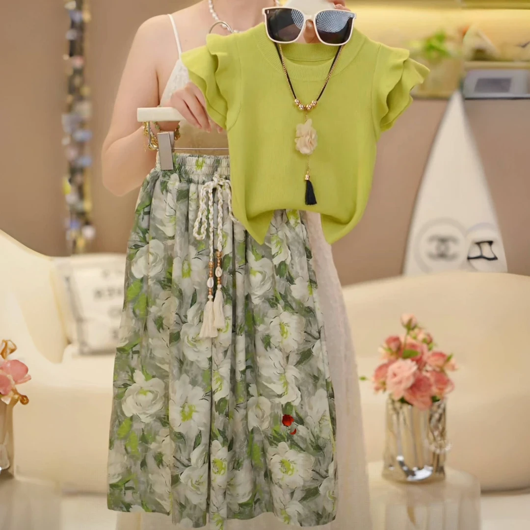 女童装0125两色韩版夏季新款洋气时髦凉快圆领坎肩袖碎花长裤套装