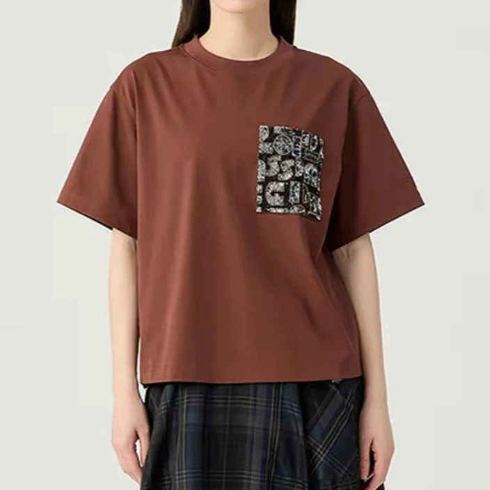 AMASS/阿玛施休闲质感前口袋亮片钉珠设计打底衫圆领短T恤530088