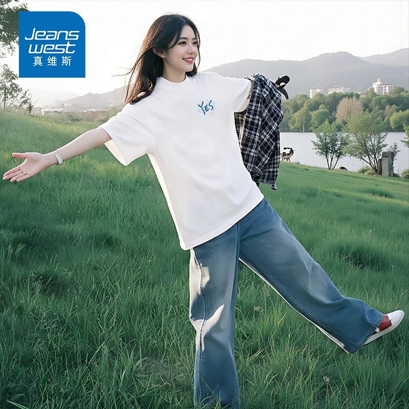 真维斯纯棉正肩短袖女2025新款正肩圆领上衣宽松休闲洋气时尚t恤