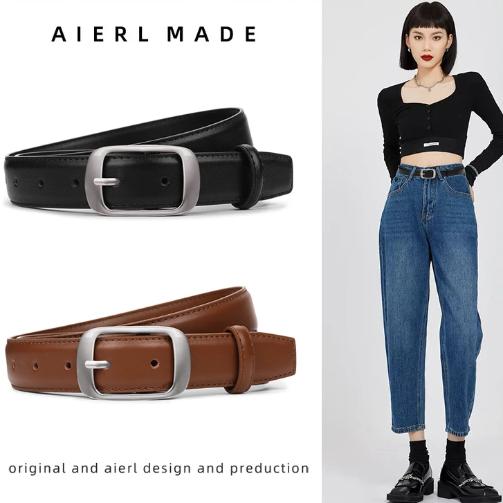 皮带女士百搭真皮牛皮时尚腰带女款装饰牛仔裤带学生简约休闲黑色