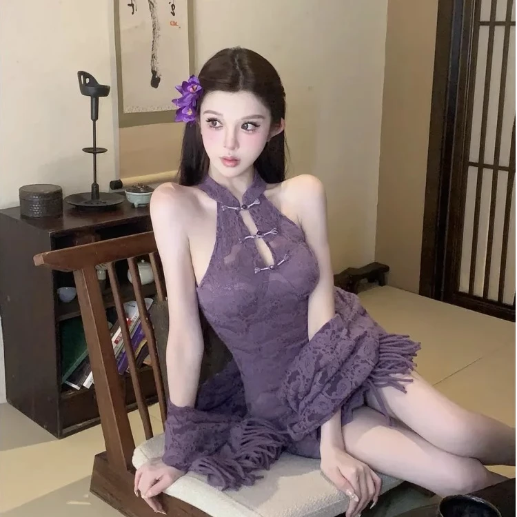 新中式旗袍女国风制服高级感紫色包臀连衣裙纯欲性感显瘦收腰