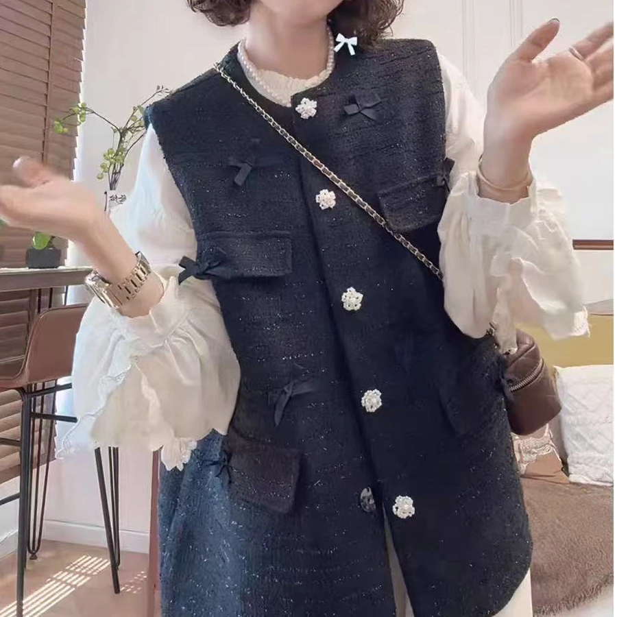 【柚柚】时尚小香风编织百搭蝴蝶结秋季大码显瘦马甲