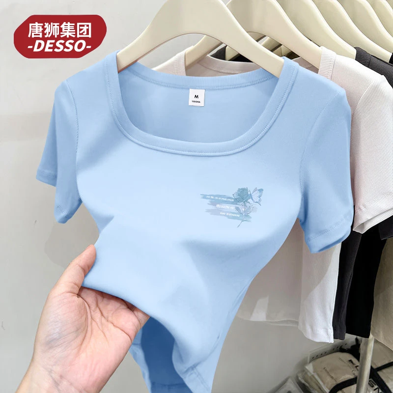 唐狮集团Desso天蓝色短袖t恤女2025新款夏季方领短款上衣纯棉正肩