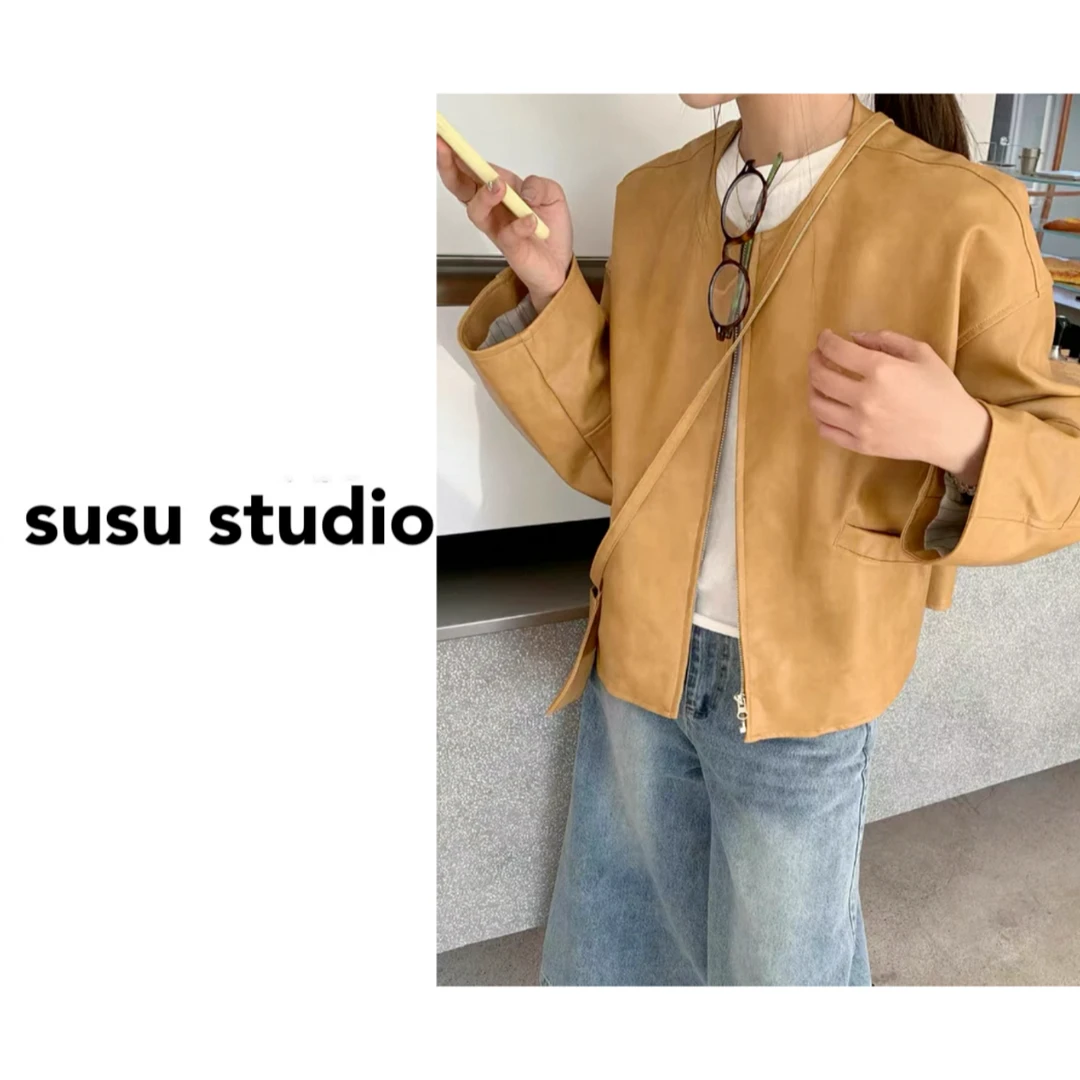 圆领宽松休闲皮衣外套女2025年春季新款韩系百搭显瘦配包包夹克