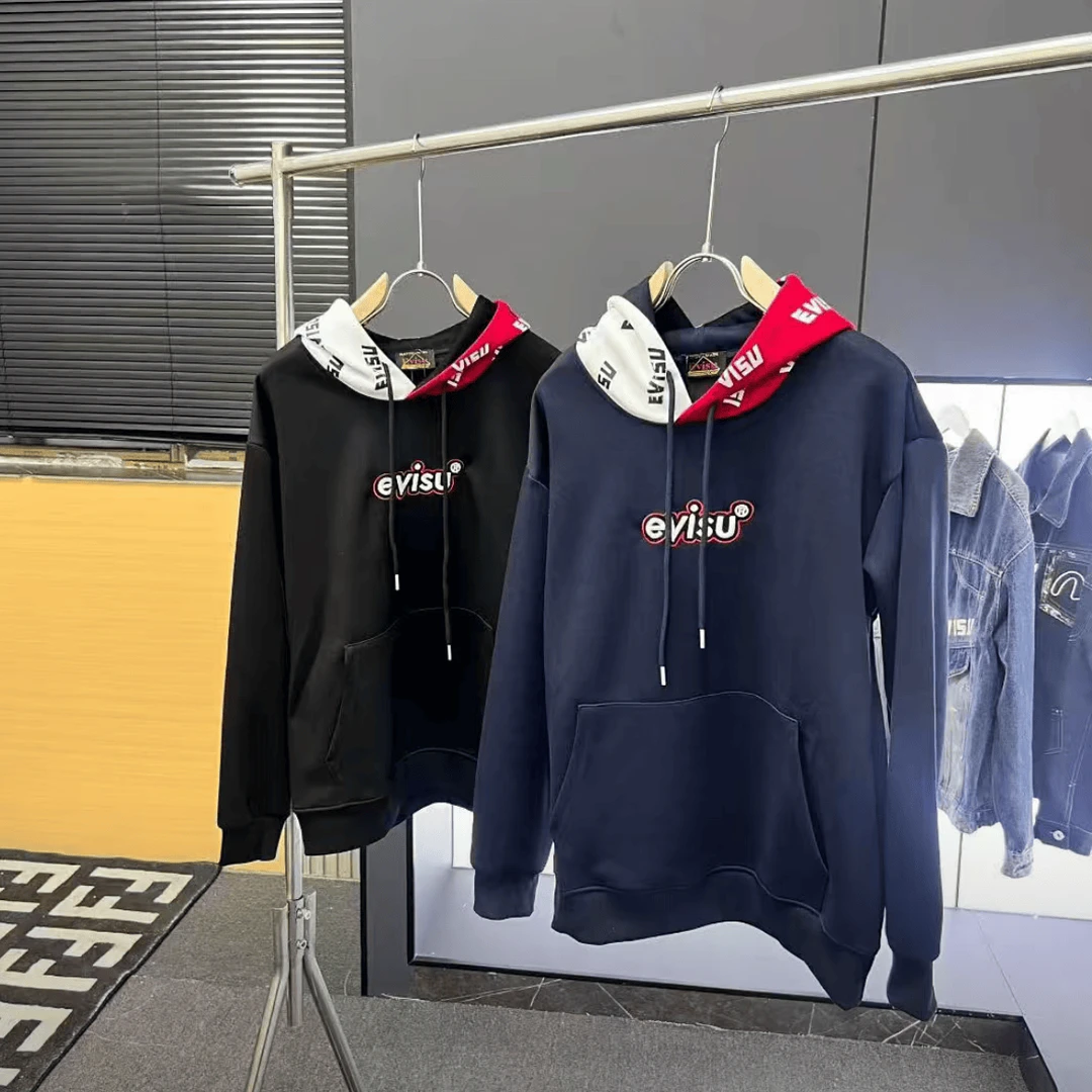 福家秋冬加绒连帽卫衣EV红白拼色设计经典logo刺绣帽衫情侣款上衣