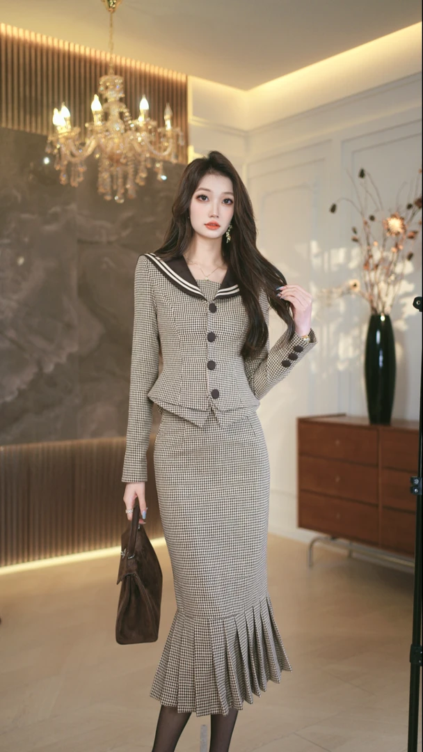 罗曼定制  原创设计千鸟格时尚气质女装套装长袖学院风俩件套