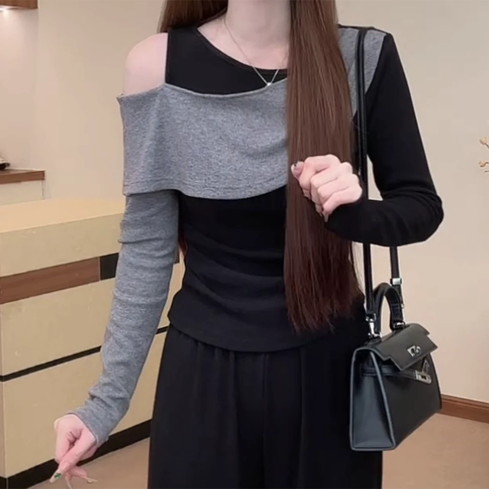 【都市艺高】满分比例撞色拼接露肩上衣T恤休闲时尚C6412