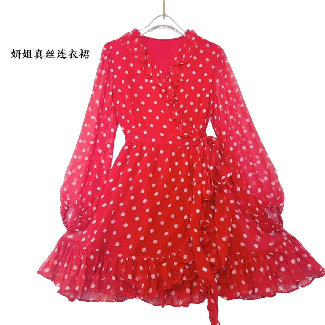 真丝连衣裙2025夏桑蚕丝长袖轻奢波点气质时尚优雅 红波点 22162