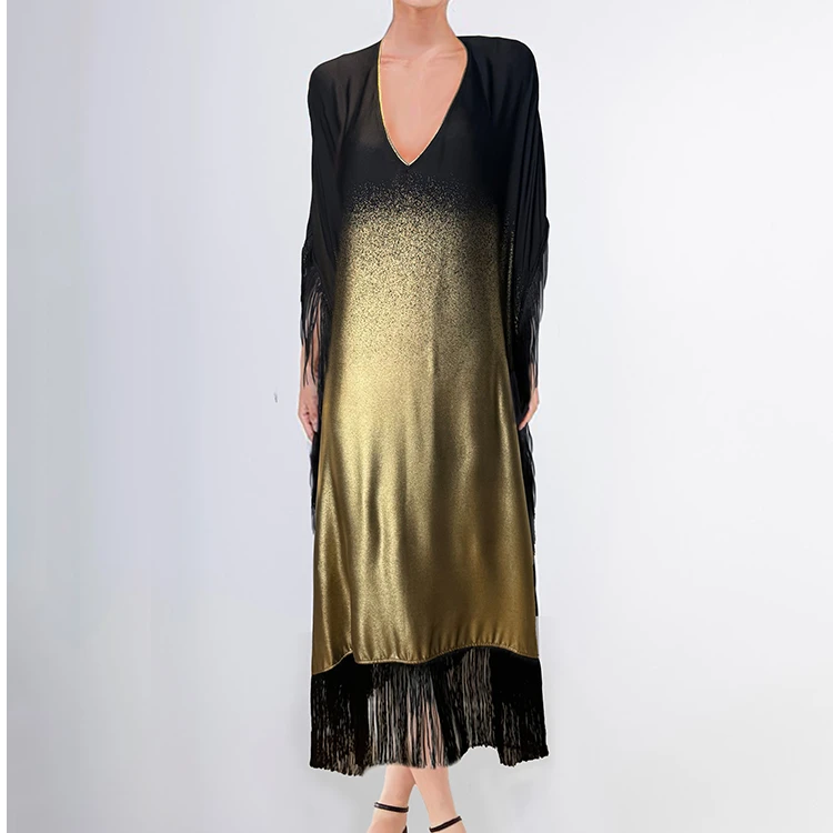FringeKaftan流苏长袍黑金百搭优雅连衣裙中长款时尚秋冬宽松气质