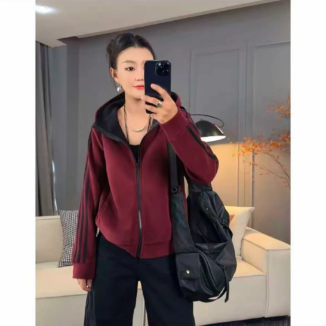 休闲秋季时尚宽松加绒简约百搭连帽颗粒绒织带开衫