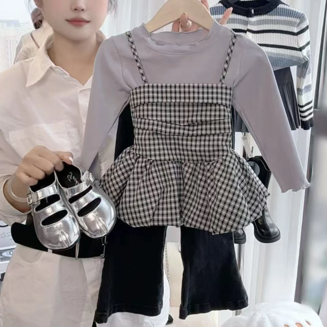 女童秋季新款套装洋气格子吊带打底衫女宝宝休闲牛仔喇叭裤三件套