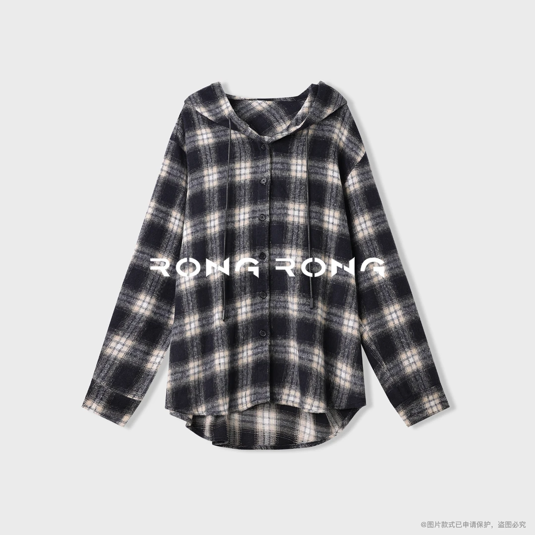 溶溶【高阶英伦】RONGRONG 学院风磨毛格纹抽绳连帽衬衫外套19201