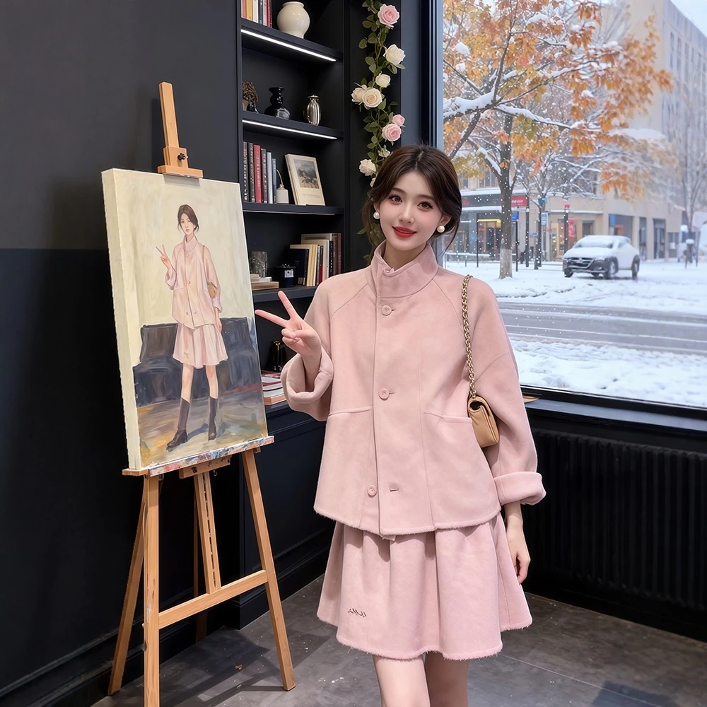 冬季穿搭一整套韩系多巴胺粉色立领毛呢外套半身短裙巨好看套装女