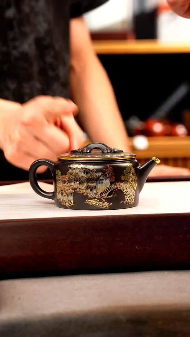 茶壶紫砂石黄 汉瓦 忆江南珐琅彩