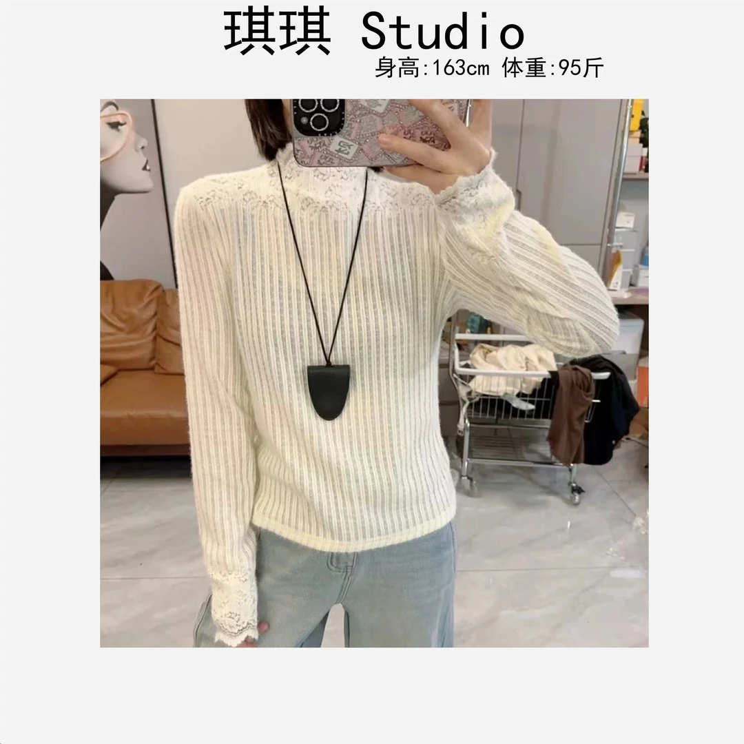 冬季新款轻奢高级感坑条立领拼接蕾丝花边甜美洋气减龄上衣1965-G