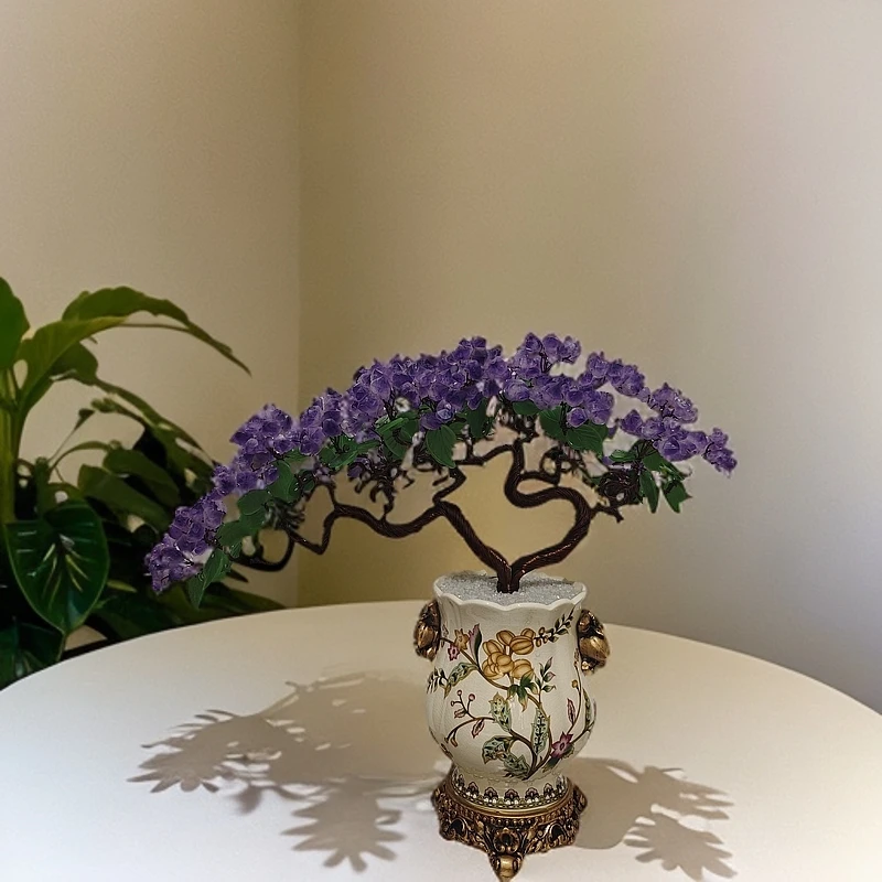 【卓越轻奢】中古芬顿粉瓶紫水晶树摆件陶瓷迎客松纯手工点缀精美