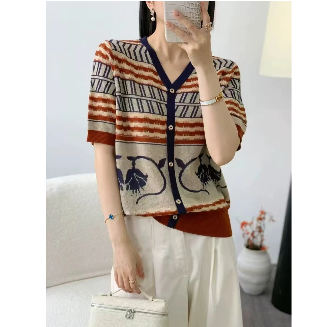 韩系新款复古撞色时尚气质V领排扣高级减龄针织衫1212-1