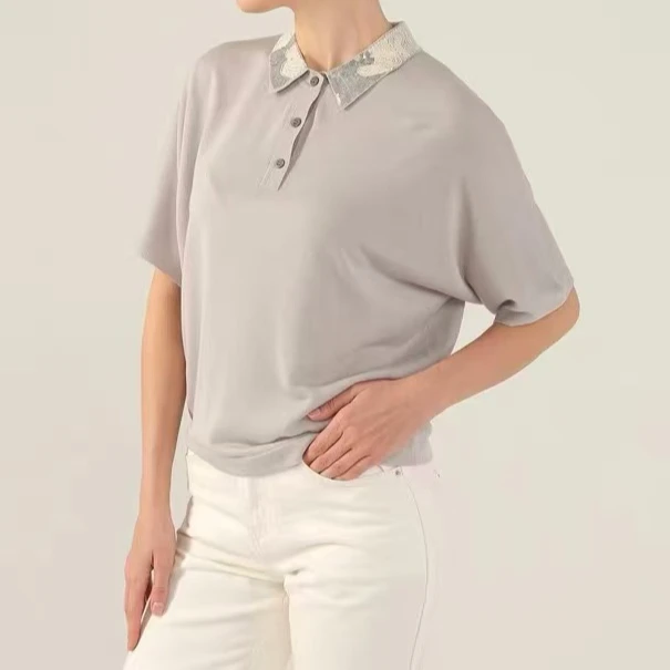 B+25春夏新款亮片小翻领针织速干短袖polo衫0678夏季