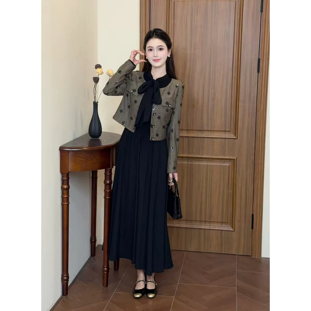 LiLi李李家【耶鲁甜心】小香风外套黑色连衣裙套装XMZH9332XMZH9317