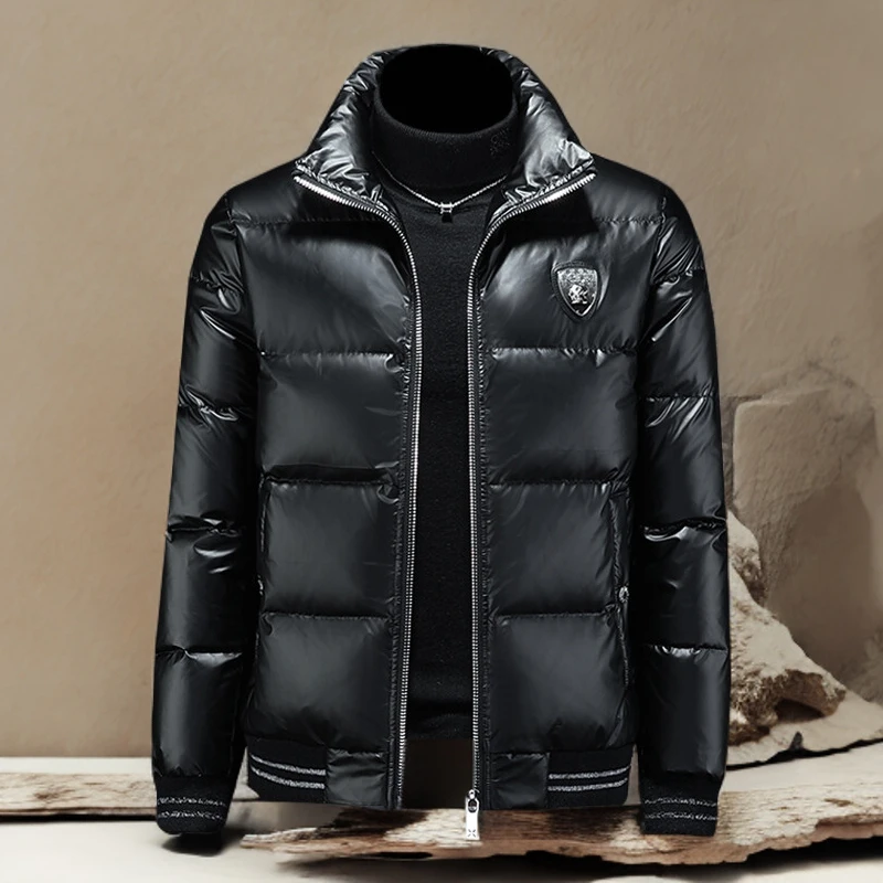 诺顿雷斯男士大码亮皮外套加厚潮牌冬季短款轻奢白鸭绒亮面羽绒服