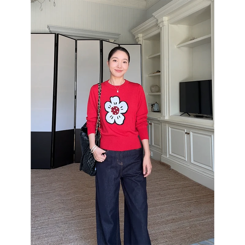 郭九九呢 羊毛圆领花朵宽松提花毛衣高腰阔腿牛仔裤 G925Z13198
