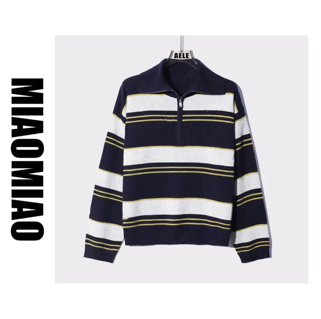 【大码】5071复古立领时尚翻领拉链针织条纹撞色长袖毛衣