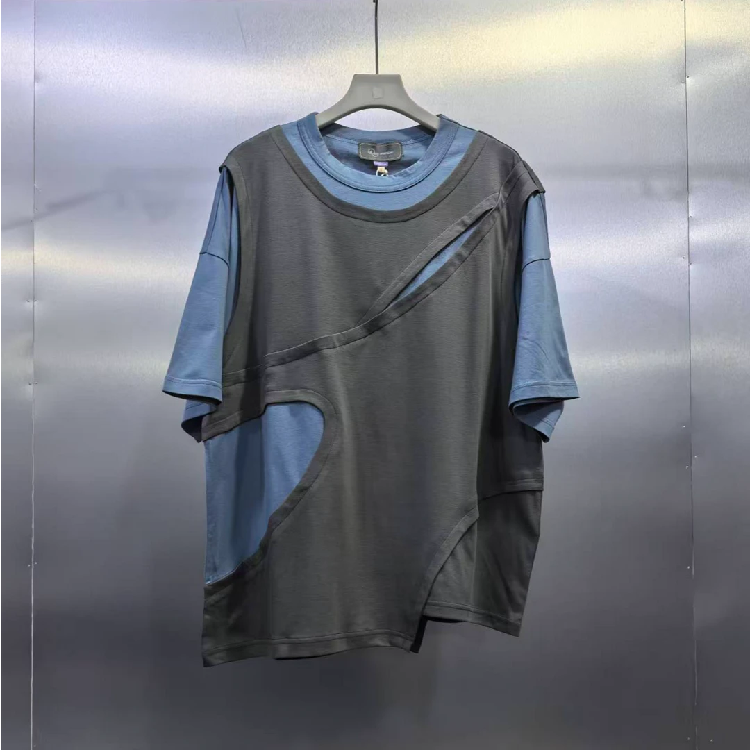 D01-101841-UMA夏季不规则拼接撞色设计圆领半袖 男女同款