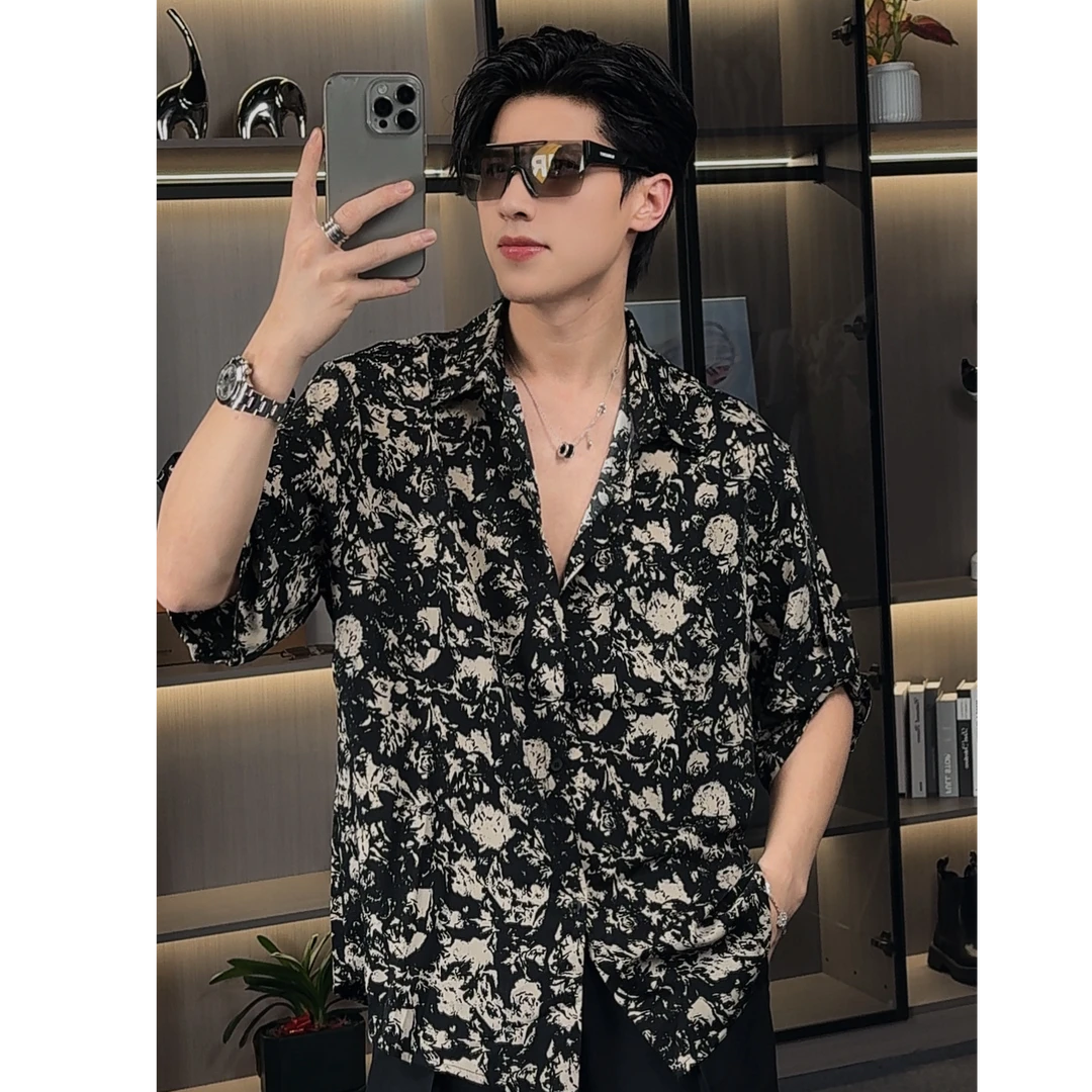 【百象服饰】夏季新款时尚碎花潮流港风宽松男士百搭洋气衬衫