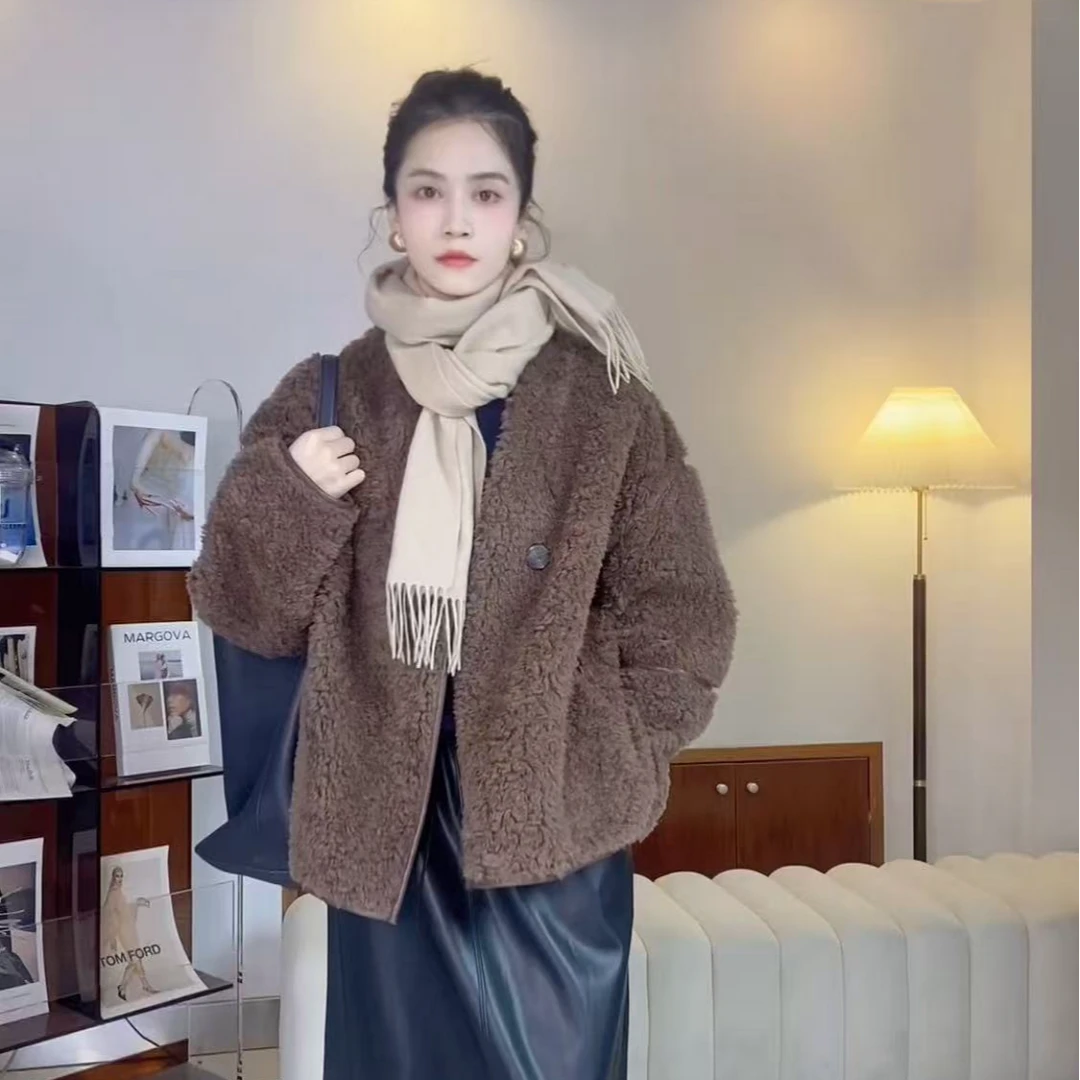 羊毛外套单排扣长袖常规中长款圆领标准白色深棕色外套