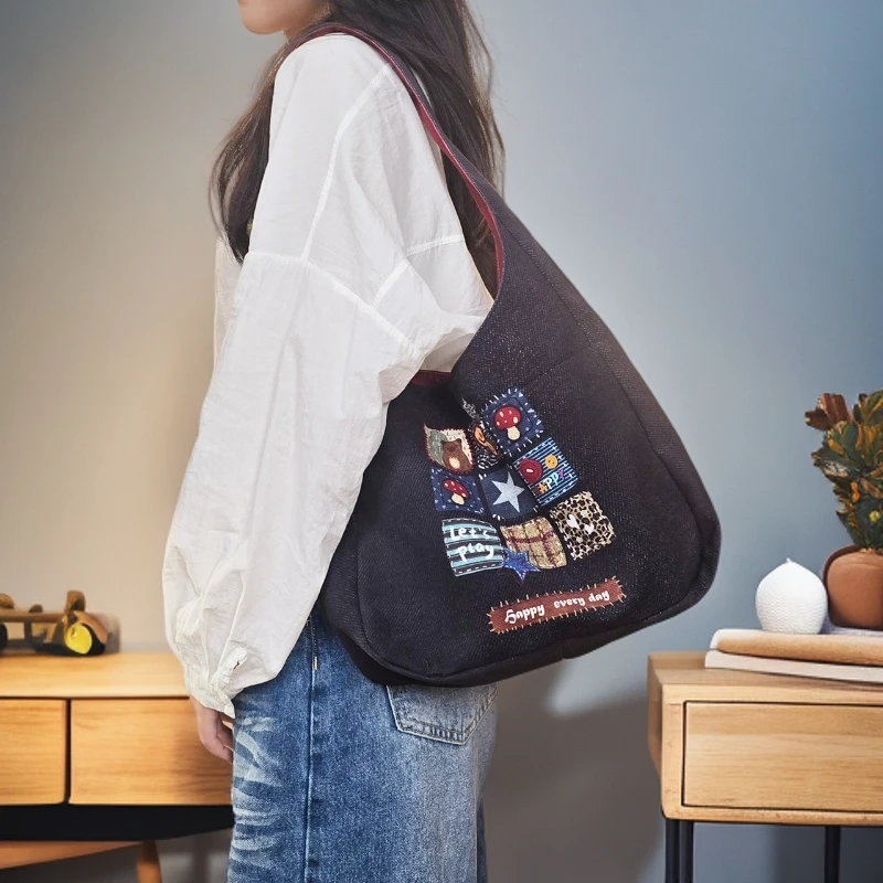 艺术鸭设计师原创黑牛仔拼图系列加侧单肩包手提印花休闲时尚百搭