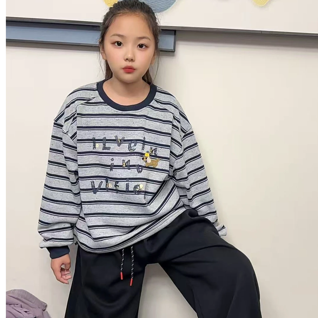 套头男女通用休闲风甜美条纹卫衣童装中大童休闲秋冬季加绒