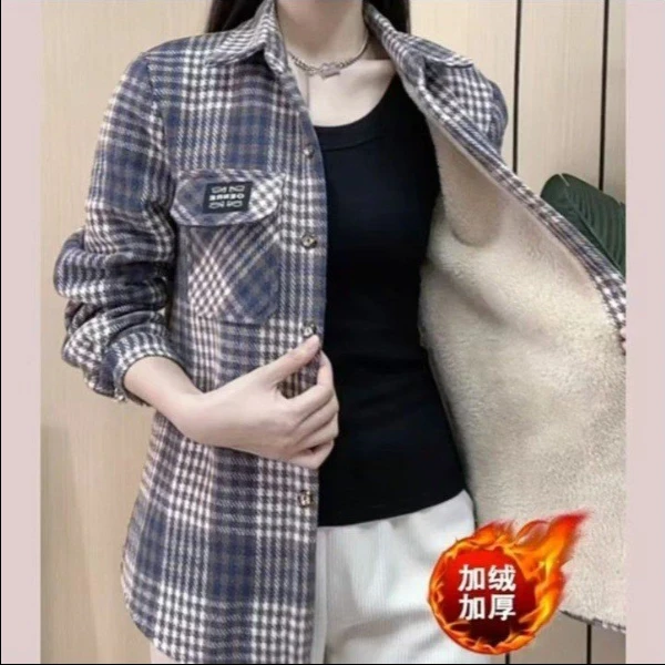 2025新款加绒格子衬衫女加绒加厚厚款保暖格子衬衣外套中长款宽松