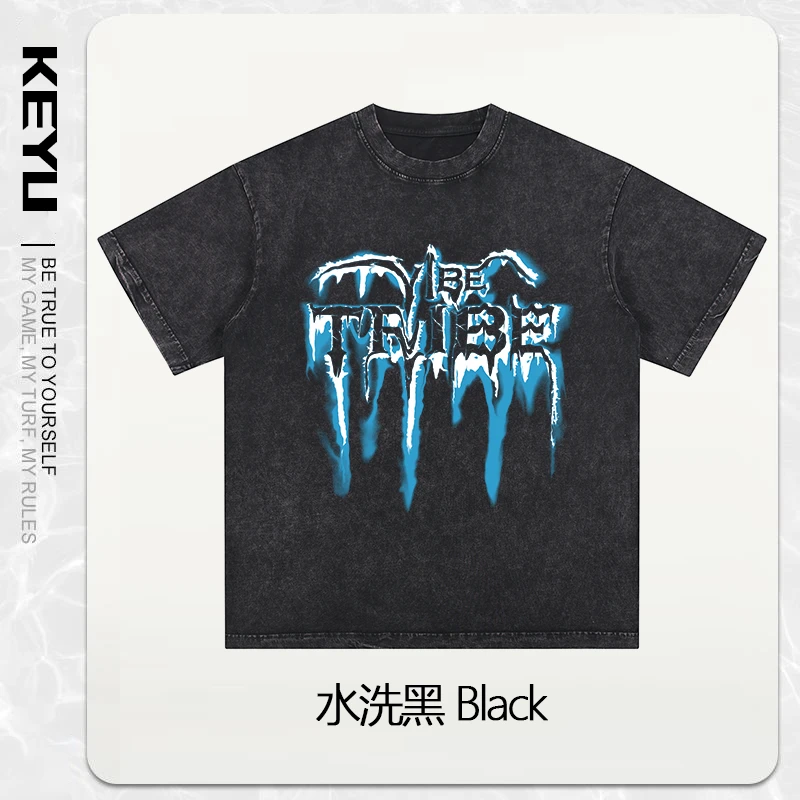 【短袖-蓝焰字母】280克纯棉洗水做旧T恤原创手绘印花宽松潮牌男女T