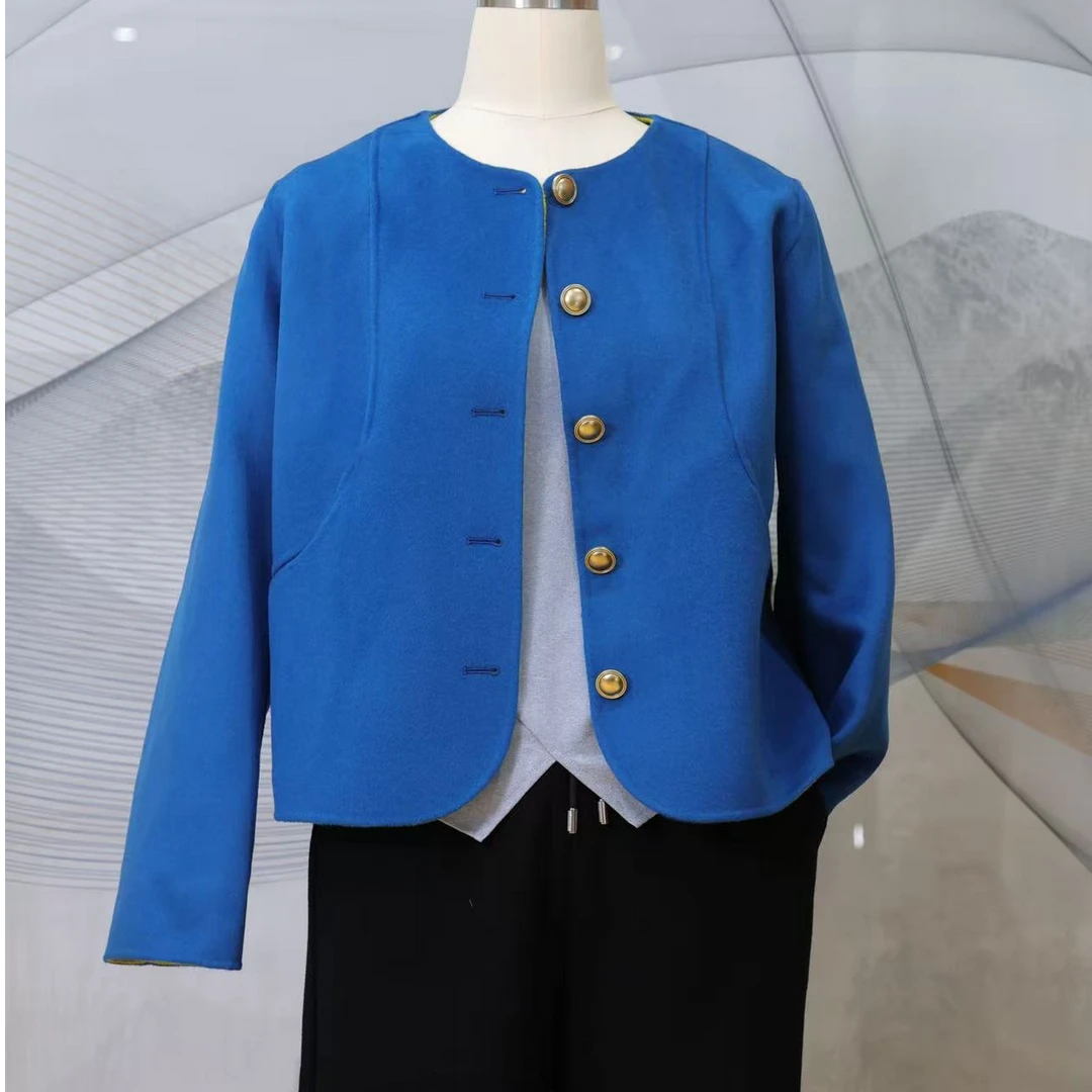 早春极简风洋气时尚气质轻奢小香风亮色双面毛呢短外套短款蓝色