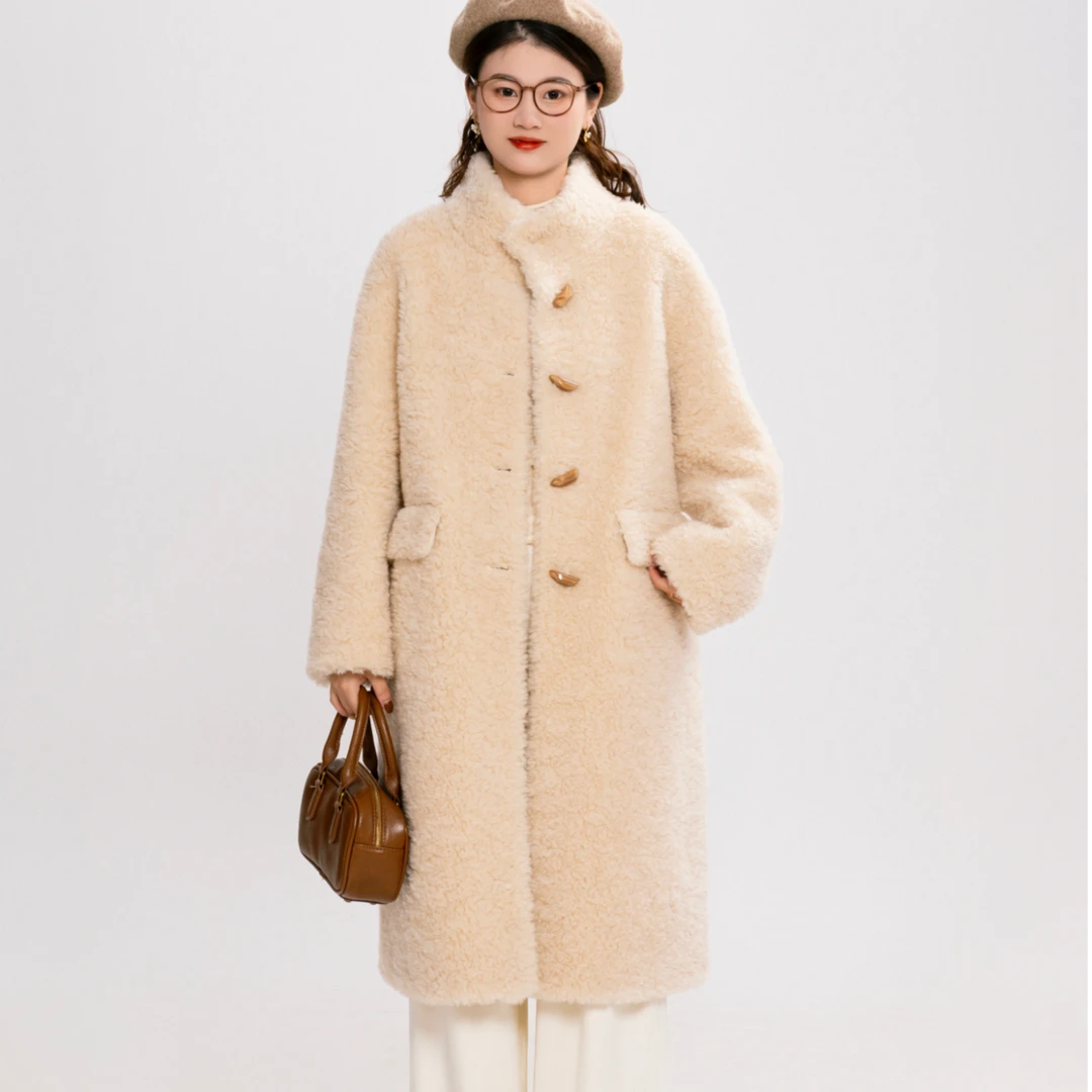 秋冬季立领时尚气质高级感百分百羊羔毛大衣女颗粒纯羊毛长款外套